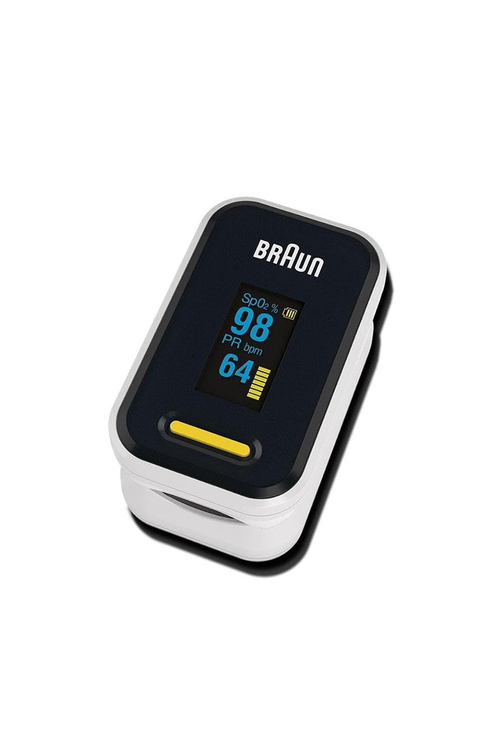 Pulsioxímetro de dedo Braun 1 YK-81CEU con pantalla y botón amarillo