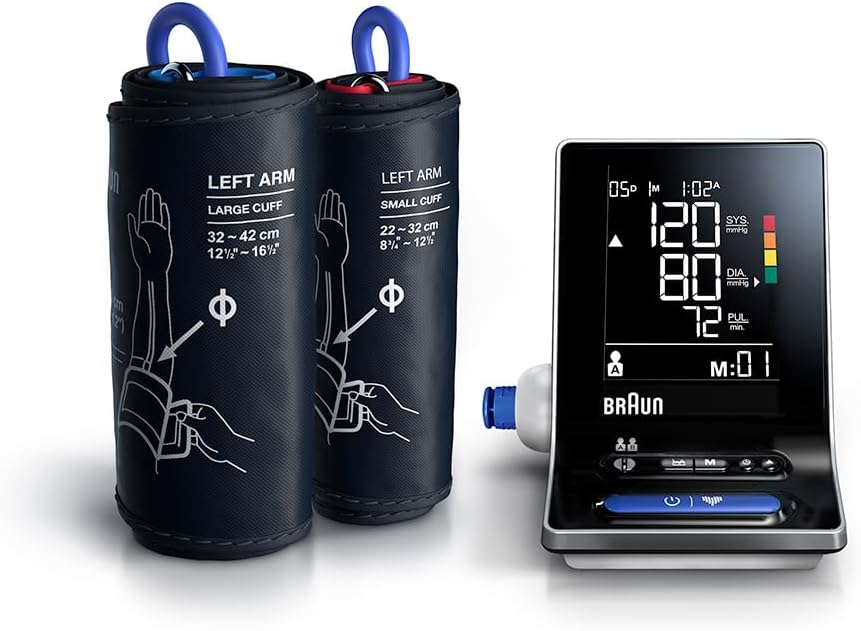 Tensiómetro Braun ExactFit 3 con dos manguitos junto a la unidad