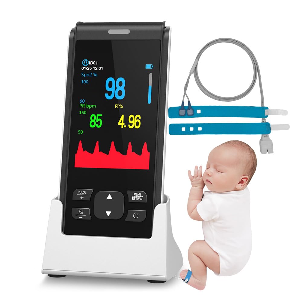 Monitor HOLFENRY con base y sensor envolvente en una imagen comercial que incluye un bebé