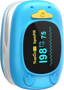 Pulsioxímetro pediátrico HealthTree JKS50A azul con diseño de pingüino