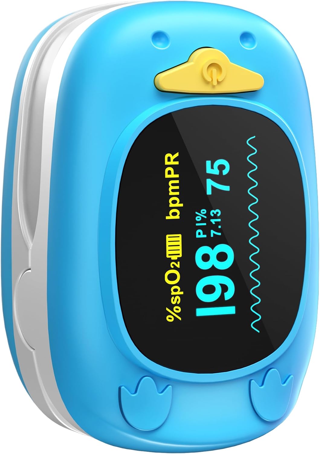 Pulsioxímetro pediátrico HealthTree JKS50A azul con diseño de pingüino
